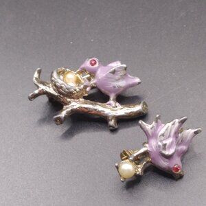 Vintage set Enamel Bird Scatter pins Brooches faux pearls